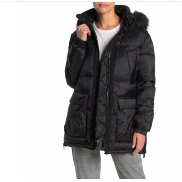 RACHEL ROY • Beautiful Black Hooded Puffer Coat with Faux Fur Trim - Picture 7 of 14